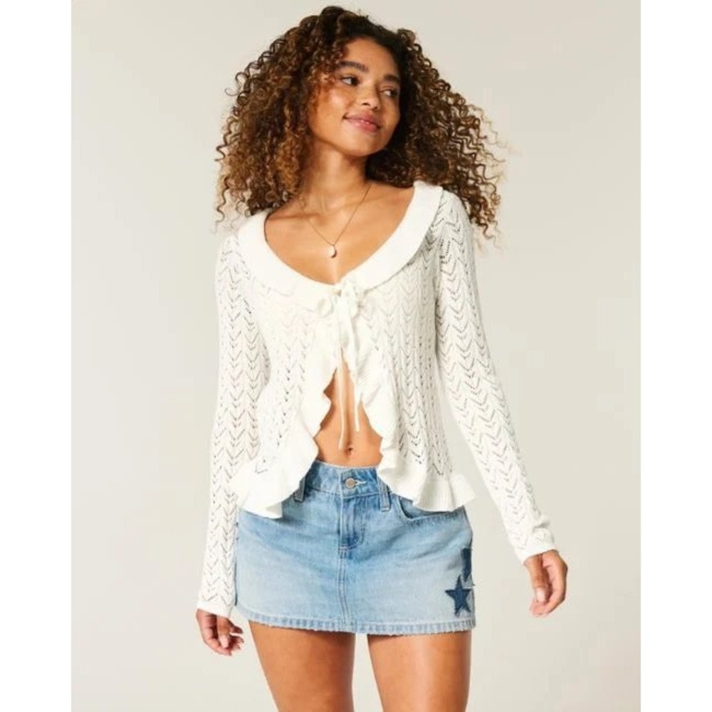 Hollister White Pointelle Ruffle Tie Front Cardigan Sweater XS Chevron Knit